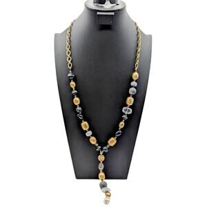 Chico's 35" Goldtone Black Gray Multi Bead Y Necklace